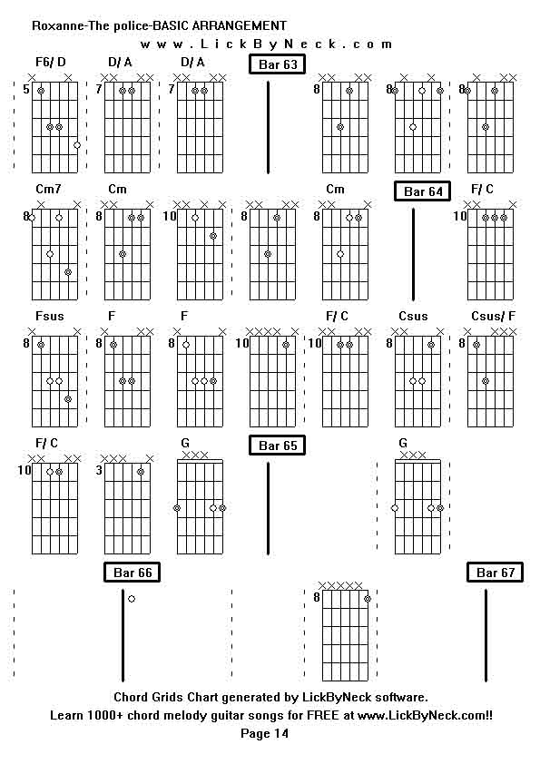 Chord Grids Chart of chord melody fingerstyle guitar song-Roxanne-The police-BASIC ARRANGEMENT,generated by LickByNeck software.